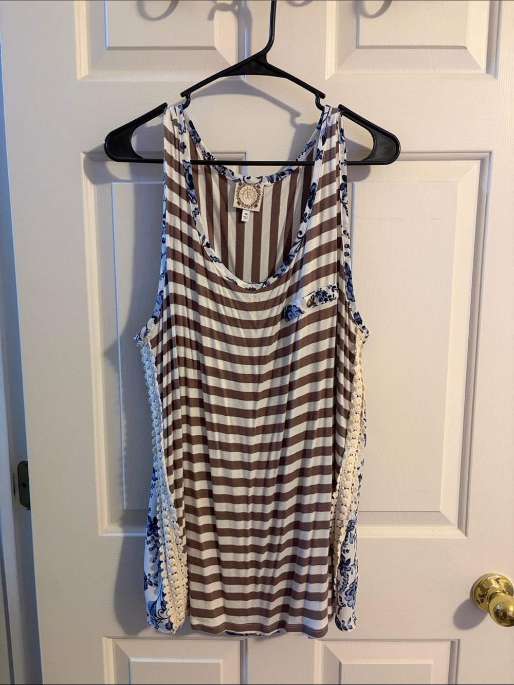 Women’s Striped Tank Top with Floral Trim - Brown & White